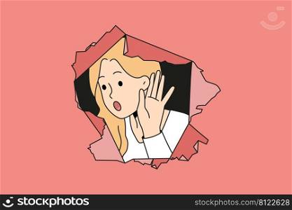 Young woman peep through paper hole hold hand near ear hearing gossips and secrets. Curious girl excited about secret hidden information and news. Censorship and rumors. Vector illustration. . Woman peep through hole curious for gossips 