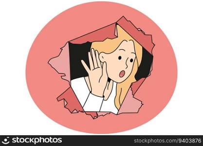 Young woman peep through paper hole hold hand near ear hearing gossips and secrets. Curious girl excited about secret hidden information and news. Censorship and rumors. Vector illustration.. Woman peep through hole curious for gossips