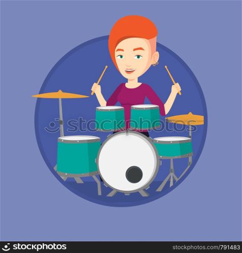 Young woman playing on drums. Caucasian mucisian playing on drums. Woman playing on drum kit. Woman sitting behind the drum kit. Vector flat design illustration in the circle isolated on background.. Woman playing on drum kit vector illustration.