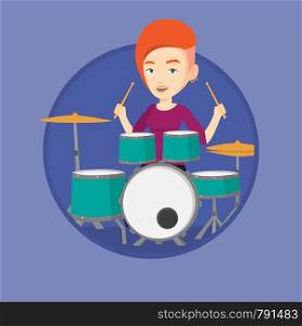 Young woman playing on drums. Caucasian mucisian playing on drums. Woman playing on drum kit. Woman sitting behind the drum kit. Vector flat design illustration in the circle isolated on background.. Woman playing on drum kit vector illustration.