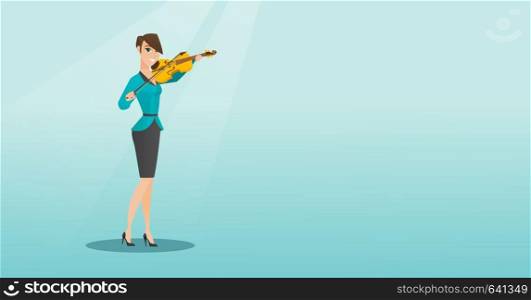 Young woman playing the violin. Violinist playing classical music on the violin. Full length of a caucasian woman standing with the violin in hands. Vector flat design illustration. Horizontal layout.. Woman playing the violin vector illustration.