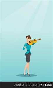 Young woman playing the violin. Violinist playing classical music on the violin. Full length of a caucasian woman standing with the violin in hands. Vector flat design illustration. Vertical layout.. Woman playing the violin vector illustration.