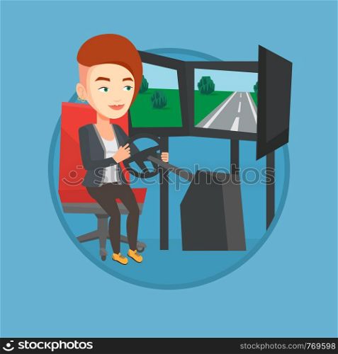 Young woman playing video game with gaming wheel. Gamer driving autosimulator in game room. Woman playing car racing video game. Vector flat design illustration in the circle isolated on background.. Woman playing video game with gaming wheel.