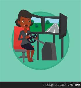 Young woman playing video game with gaming wheel. Gamer driving autosimulator in game room. Woman playing car racing video game. Vector flat design illustration in the circle isolated on background.. Woman playing video game with gaming wheel.