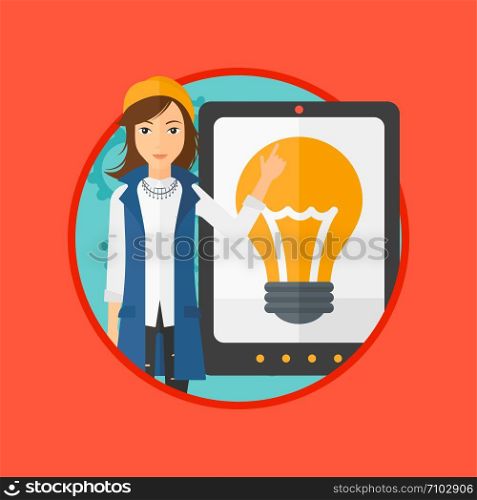 Young woman pointing at a big tablet computer. Woman standing near a big tablet computer with a light bulb on a screen. Vector flat design illustration in the circle isolated on background.. Woman pointing at big tablet computer.