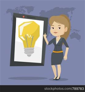 Young woman pointing at a big tablet computer with a light bulb on a screen. Busineswoman standing near tablet computer on the background with world map. Vector flat design illustration. Square layout. Woman pointing at big tablet computer.