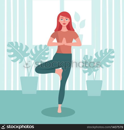 Young woman practices yoga at home. The concept of prevention of coronavirus, isolation and quarantine. Prevention of an epidemic. Stay home and do sports. Flat vector illustration.