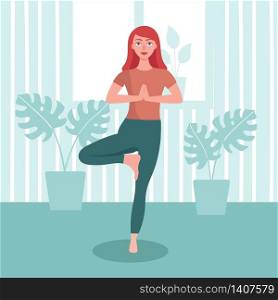 Young woman practices yoga at home. The concept of prevention of coronavirus, isolation and quarantine. Prevention of an epidemic. Stay home and do sports. Flat vector illustration.