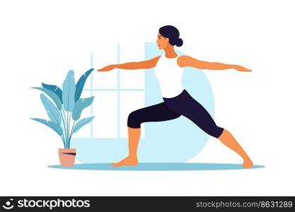 Young woman practices yoga. Physical and sπritual practice. Vector illustration in flat cartoon sty≤.