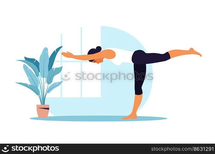 Young woman practices yoga. Physical and spiritual practice. Vector illustration in flat cartoon style.
