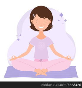 Young woman practicing yoga in lotus pose. Cheerful Yoga Girl mediteiting. Concept illustration for yoga, meditation, relax, recreation, healthy lifestyle, self care. Vector in flat cartoon style.. Young woman practicing yoga in lotus pose. Cheerful Yoga Girl mediteiting Vector in flat cartoon style.