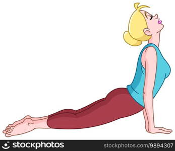 Young woman practicing yoga, stretching in upward facing dog pose, Urdhva mukha shvanasana exercise.