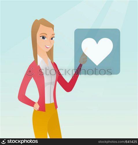 Young woman pressing button with heart. Caucasian woman pressing heart shaped button of social network. Concept of social network and communication. Vector flat design illustration. Square layout.. Young woman pressing heart shaped button.
