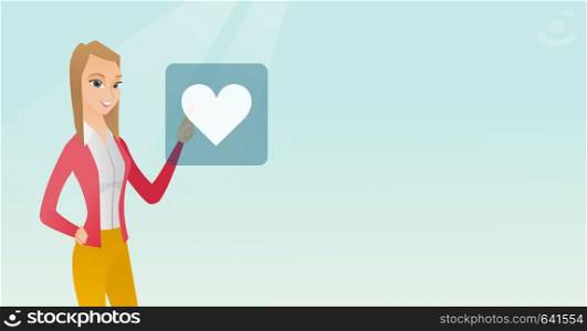 Young woman pressing button with heart. Caucasian woman pressing heart shaped button of social network. Concept of social network and communication. Vector flat design illustration. Horizontal layout.. Young woman pressing heart shaped button.