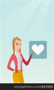 Young woman pressing button with heart. Caucasian woman pressing heart shaped button of social network. Concept of social network and communication. Vector flat design illustration. Vertical layout.. Young woman pressing heart shaped button.