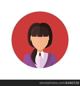 Young Woman Private Avatar Icon. Young woman private avatar icon. Young brunette woman in white shirt and purple jacket. Social networks business private users avatar pictogram. Isolated vector illustration on white background.