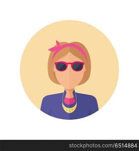 Young Woman Private Avatar Icon. Young woman private avatar icon. Young blonde woman in purple dress with necklace and glasses. Social networks business private users avatar pictogram. Isolated illustration on white background.