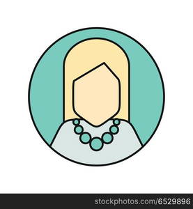 Young Woman Private Avatar Icon. Young woman private avatar icon. Young blonde woman in blue dress with necklace. Social networks business private users avatar pictogram. Round line icon. Isolated illustration on white background.