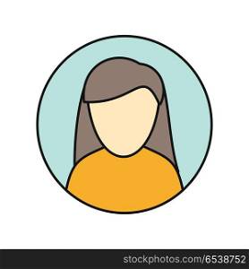 Young Woman Private Avatar Icon. Young woman private avatar icon. Young woman in orange dress. Social networks business private users avatar pictogram. Round line icon. Isolated vector illustration on white background.