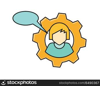 Young Woman Private Avatar Icon. Young woman private icon with dialog window. Young blonde woman in blue shirt. Avatar in gear. Social networks business private users avatar pictogram. Round line icon. Isolated vector illustration.