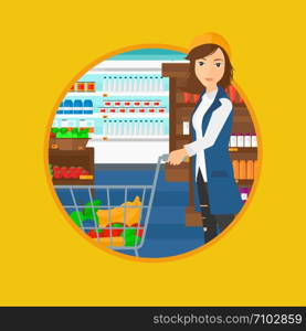 Young woman pushing a supermarket cart with some goods in it. Customer shopping at supermarket with cart full with groceries. Vector flat design illustration in the circle isolated on background.. Customer with trolley.