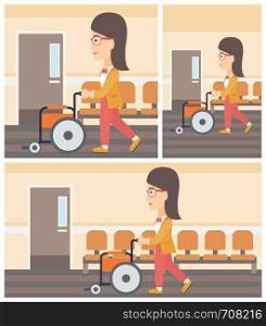 Young woman pushing empty wheelchair on the background of hospital corridor. Vector flat design Illustration. Square, horizontal, vertical layouts.. Woman pushing wheelchair.