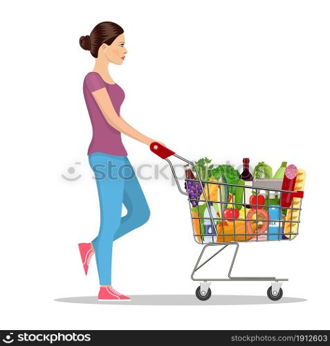 Young woman pushing supermarket shopping cart full of groceries. isolated on white background. Vector illustration in flat style. Young woman pushing supermarket