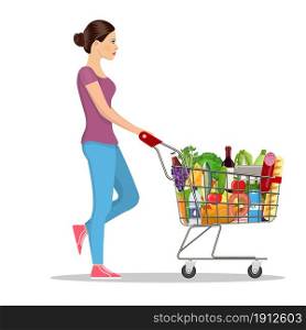 Young woman pushing supermarket shopping cart full of groceries. isolated on white background. Vector illustration in flat style. Young woman pushing supermarket