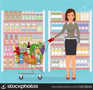 Young woman pushing supermarket shopping cart full of groceries. Vector illustration in flat style. Young woman shopping for groceries