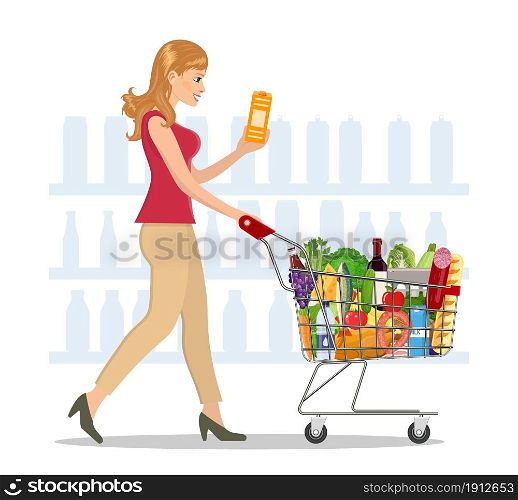Young woman pushing supermarket shopping cart full of groceries. Vector illustration in flat style. Young woman shopping for groceries