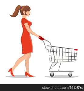 Young woman pushing supermarket shopping cart. isolated on white background. Vector illustration in flat style. shopping woman with a cart