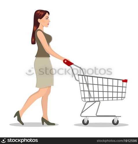 Young woman pushing supermarket shopping cart. isolated on white background. Vector illustration in flat style. shopping woman with a cart