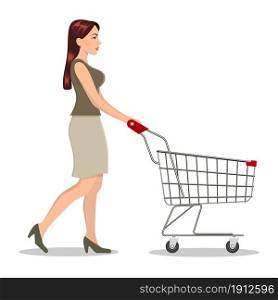 Young woman pushing supermarket shopping cart. isolated on white background. Vector illustration in flat style. shopping woman with a cart