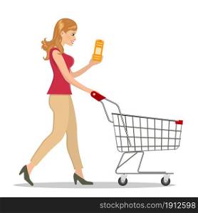 Young woman pushing supermarket shopping cart. isolated on white background. Vector illustration in flat style. shopping woman with a cart
