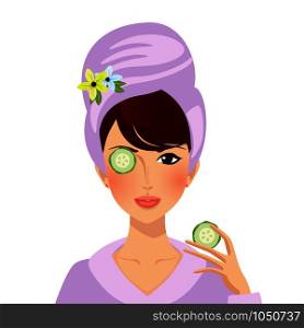 Young woman put cucumber on face and eyes. Portrait cute girl in bath robe and turban on head applying skin care cosmetics beauty procedure moisturizing facial mask Cartoon Flat Illustration. Young woman put cucumber on face and eye skin care