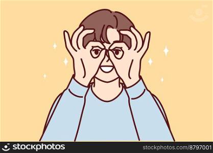 Young woman puts hands to face imitating invisible binoculars to look at object in distance. Funny girl looks at display using fingers instead of carnival mask. Flat vector illustration. Woman puts hands to face imitating invisible binoculars to look at object in distance. Vector image