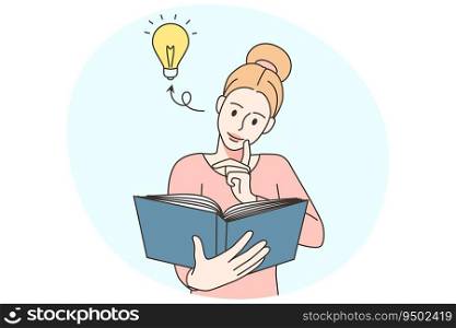 Young woman reading book get creative business idea. Female engaged in reading generating innovation. Knowledge and intelligence. Vector illustration.. Woman reading book get creative idea