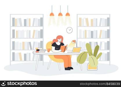 Young woman reading book in library interior. Flat vector illustration. Cartoon lady studying in room with book wall, sitting at desk with laptop and lamp. Education, library, reading concept