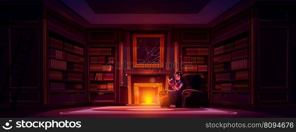 Young woman reading book near fireplace in library at night. Vector cartoon illustration of smart girl enjoying literature hobby, sitting alone in large dark room with bookshelves. School education. Young woman reading book near fireplace in library