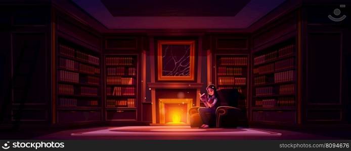 Young woman reading book near fireplace in library at night. Vector cartoon illustration of smart girl enjoying literature hobby, sitting alone in large dark room with bookshelves. School education. Young woman reading book near fireplace in library