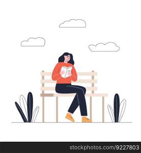 Young woman reading book on park bench. Flat vector illustration isolated on white background