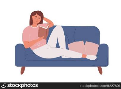 Young woman reading book on the cozy sofa. Vector illustration in flat style.