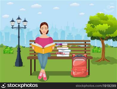 Young woman reading books outdoor on the bench in city park. Education, reading, studying. Vector illustration in flat style. Young woman reading books