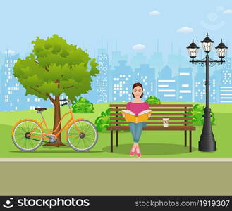 Young woman reading books outdoor on the bench in city park. Education, reading, studying. Vector illustration in flat style. Young woman reading books