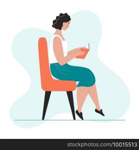 Young woman reads a book while sitting in an armchair at home. The concept of love for books and reading, learning, exam preparation. Flat vector character.