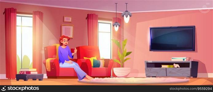 Young woman relax in living room - cartoon girl sit in armchair and drink tea from red cup. Interior of light house with TV on wall, large windows with curtains, plant in pot and books on side table.. Young woman relax in living room.