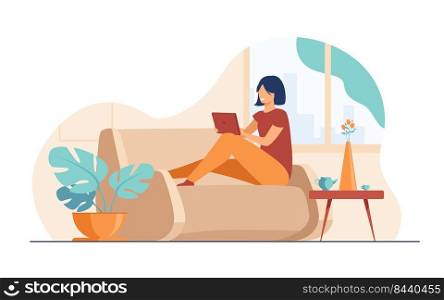 Young woman relaxing at sofa with laptop flat vector illustration. Lady sitting home and watχng movie via computer. Digital technology and entertainment concept.