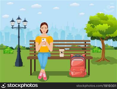 Young woman relaxing on bench with smartphone at park. Vector illustration in flat style. Young woman relaxing on bench with smartphone at park