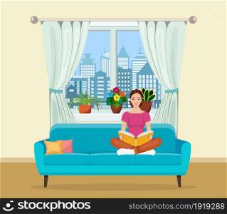 Young woman relaxing on sofa reading book at home. Vector illustration in flat style. Young woman relaxing on sofa reading book at home