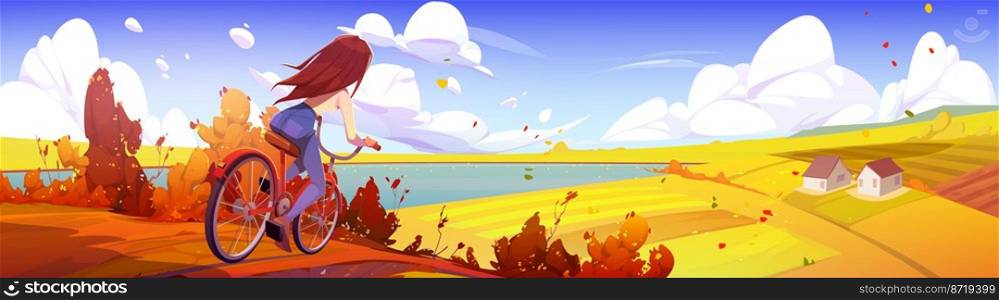 Young woman ride bicycle at autumn rural landscape with yellow fields, cottages and clear lake under blue cloudy sky. Girl travel, outdoor sport exercise, healthy lifestyle Cartoon vector illustration. Young woman ride bicycle at autumn rural landscape